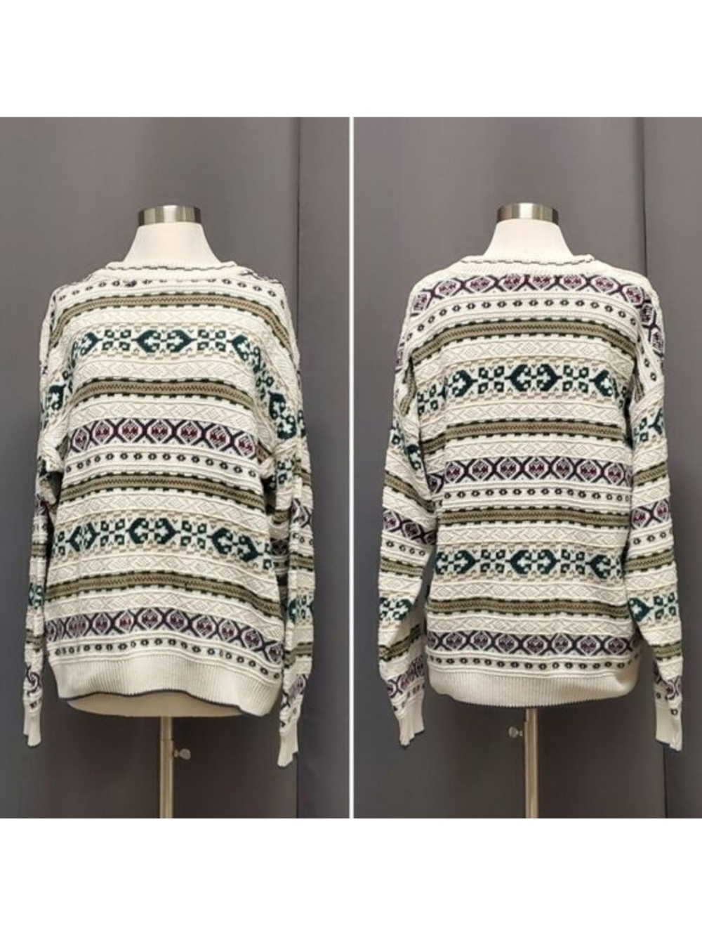 Vintage 90s y2k Knights Bridge‎ Fair Isle Cotton Chunky Knit Crew Sweater